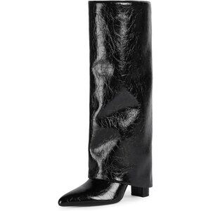 Women B-black Faux Leather Fold Over Knee High Chunky High Heels Long Boots
